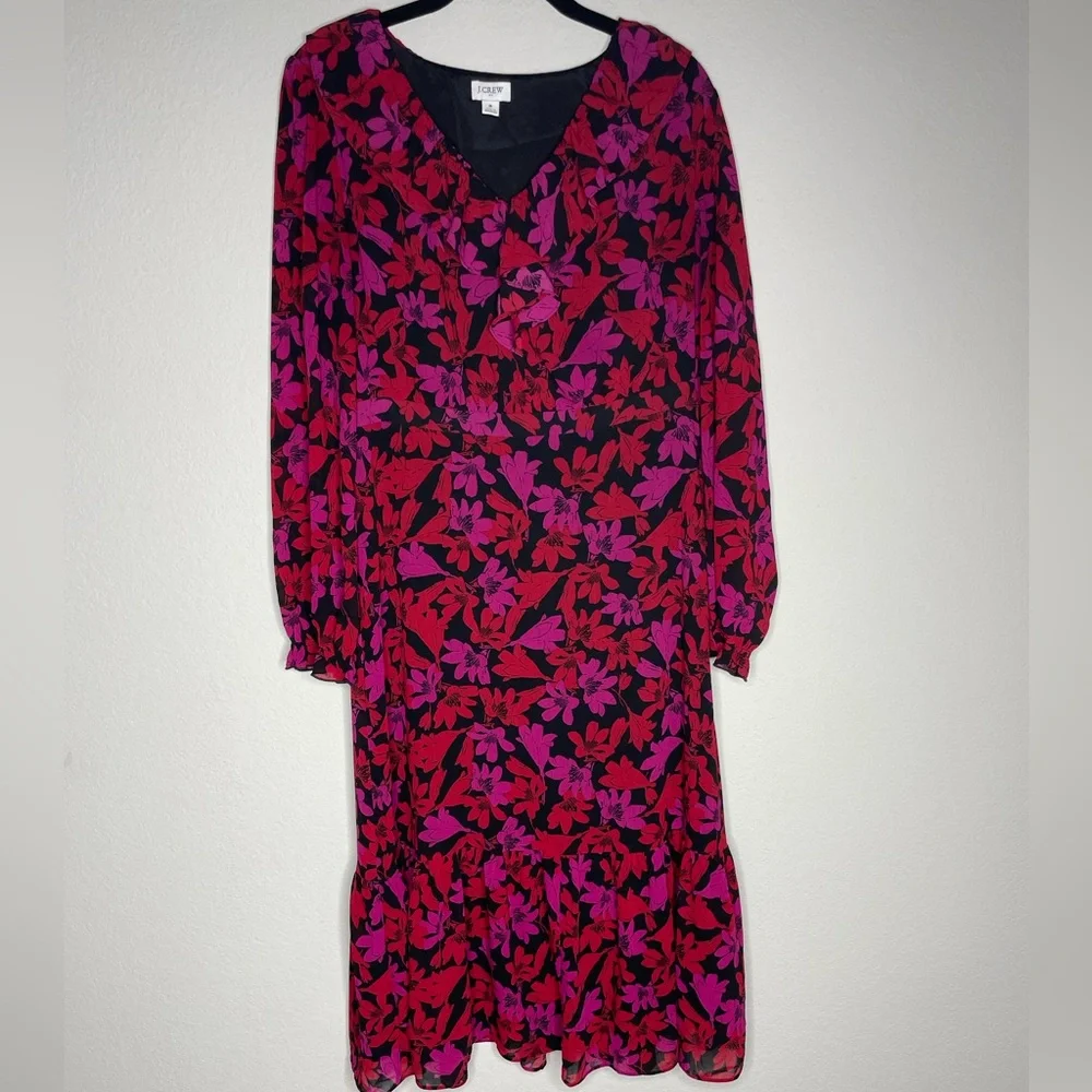 JCREW Dark Floral Chiffon Vneck Ruffle Midi Dress 8 - Picture 2 of 8
